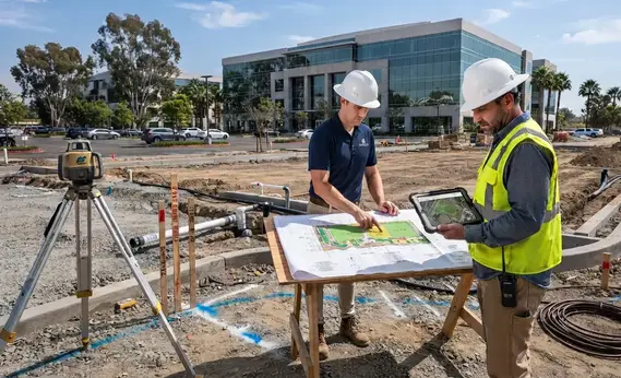 Commercial landscape planning for artificial turf showing grading, drainage, and property layout