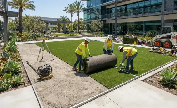 Professional crew installing commercial artificial turf at a modern office property
