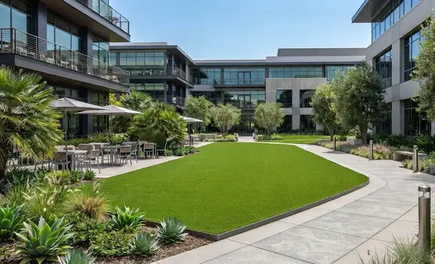 Professionally designed commercial office courtyard with premium artificial turf