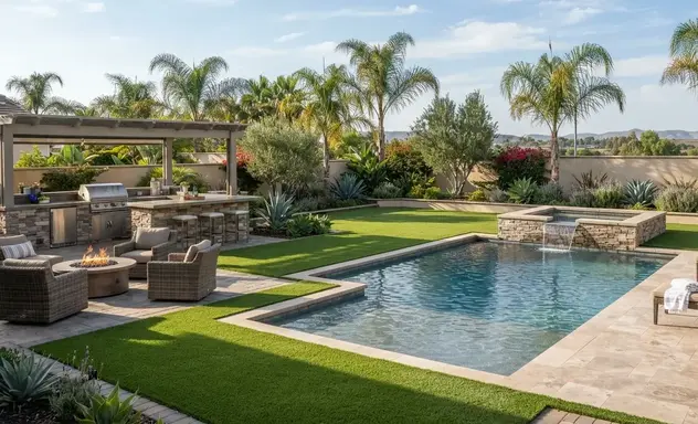 Aerial view of completed luxury poolside artificial turf installation in a modern Inland Empire backyard