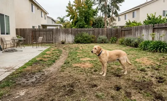 Natural grass damaged by dog urine, digging, and heavy traffic