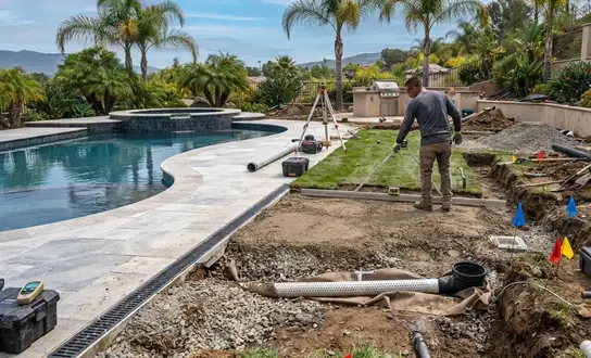 Engineered drainage system beneath luxury poolside artificial turf in the Inland Empire showing graded base, aggregate layers, French drains, and permeable construction