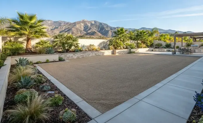 Professionally prepared artificial turf foundation with compacted aggregate base and precision grading before synthetic grass installation in an Inland Empire backyard