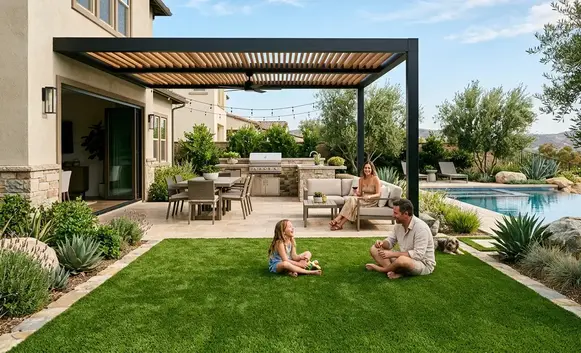 Family enjoying a residential artificial turf backyard in Southern California