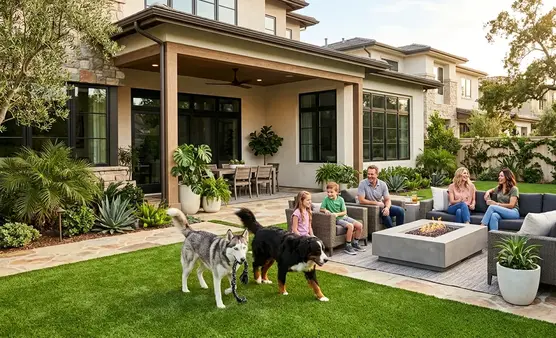 Family enjoying a clean pet friendly backyard with premium artificial turf