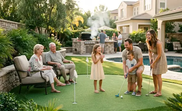 Family and friends enjoying backyard putting green together
