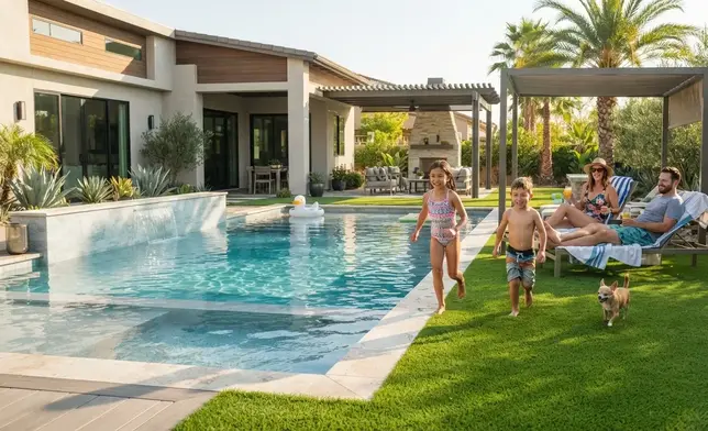 Family enjoying safe barefoot poolside artificial turf in a modern Inland Empire backyard with clean transitions between pool and patio
