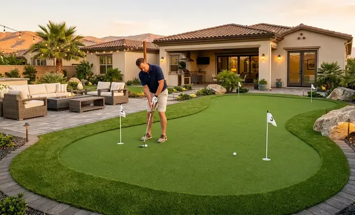 Luxury finished backyard putting green with multiple holes and smooth contours