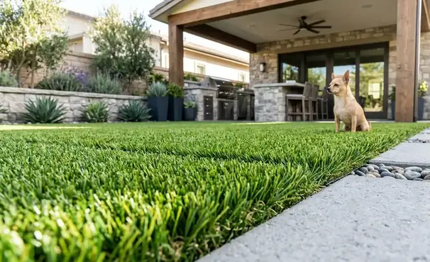 Completed professional pet turf installation in a clean Southern California backyard