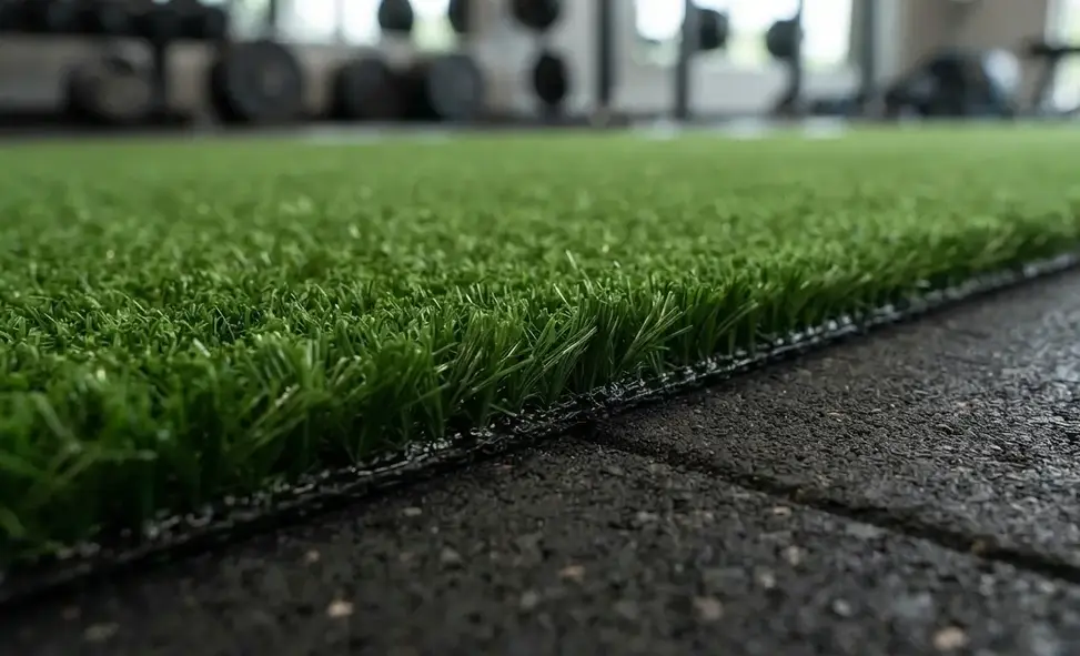 Close-up professional gym turf installation showing precision seams and flooring transition