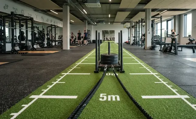 Commercial gym turf sled track system installed for athletic training