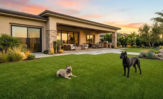 Two happy dogs relaxing on a clean pet friendly artificial turf backyard in the Inland Empire