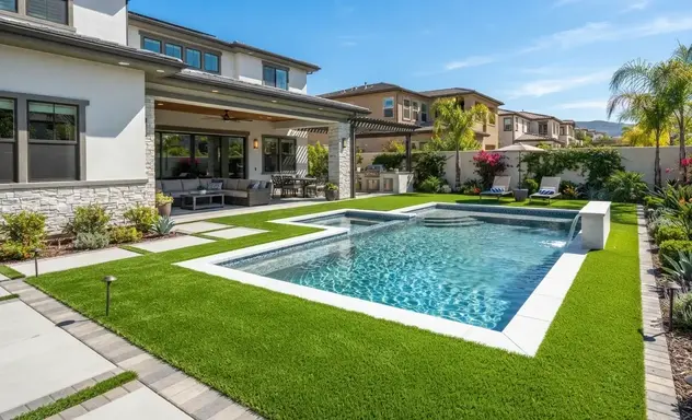 Elegant HOA-friendly artificial turf installation surrounding a luxury swimming pool in an Inland Empire neighborhood