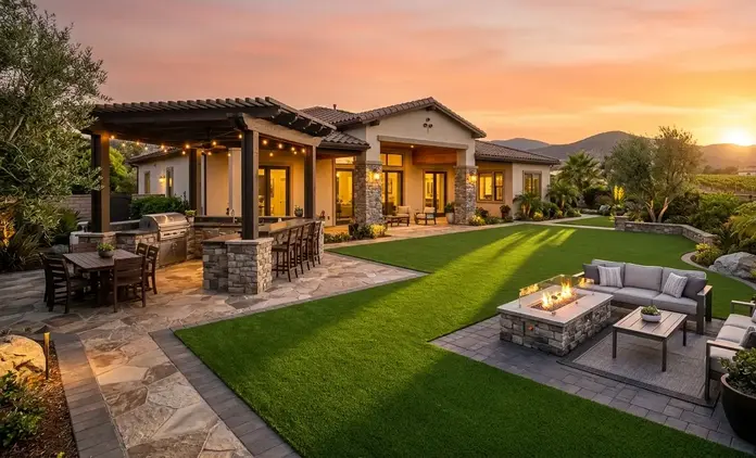 Luxury backyard artificial turf installation in the Inland Empire designed for heat, drainage, and drought conditions