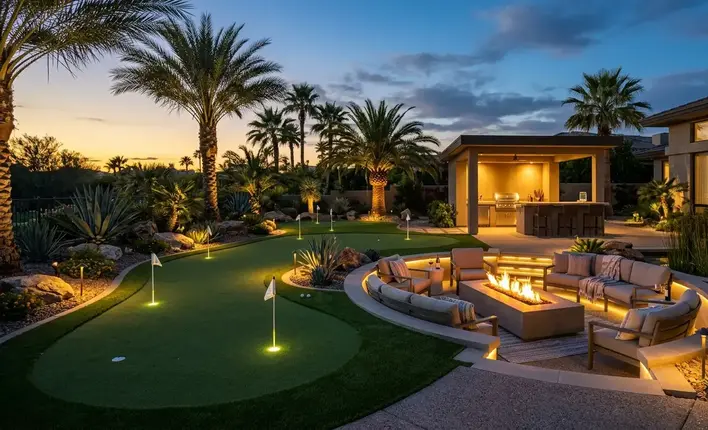 Luxury backyard putting green with fire pit, lighting, and chipping areas