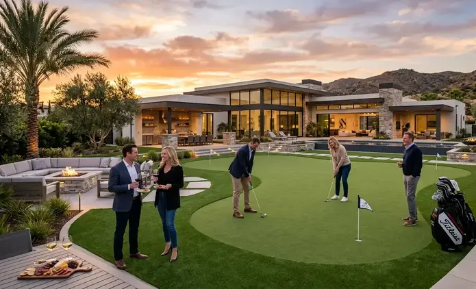 Luxury Inland Empire estate with guests enjoying a professionally designed backyard putting green during an elegant outdoor gathering