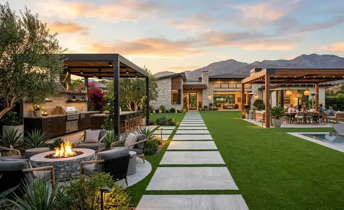 Luxury outdoor living design in the Inland Empire featuring artificial turf and modern hardscape elements