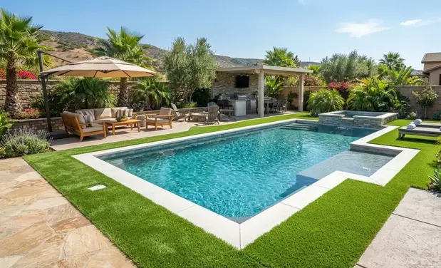 Luxury artificial turf installation surrounding a custom swimming pool at an Inland Empire home