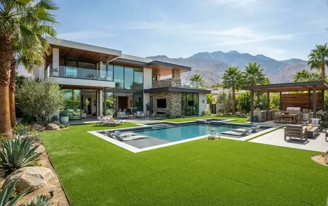 Luxury residential poolside artificial turf designs across the Inland Empire featuring contemporary architecture, geometric pools, resort-style landscaping, and premium outdoor living spaces