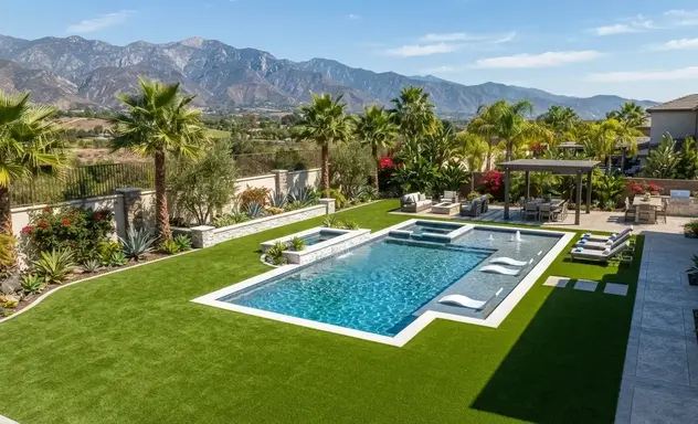 Completed luxury artificial turf installation surrounding a custom swimming pool at an Inland Empire residence