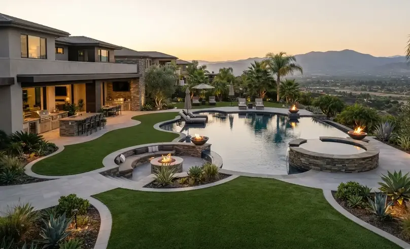 Ultra-luxury Inland Empire backyard with infinity pool, modern architecture, and seamless artificial turf integration throughout the outdoor living design