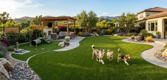 Large backyard designed for multiple dogs with clean pet friendly artificial turf
