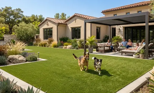 Luxury backyard in Inland Empire with premium pet-friendly artificial turf and happy dogs