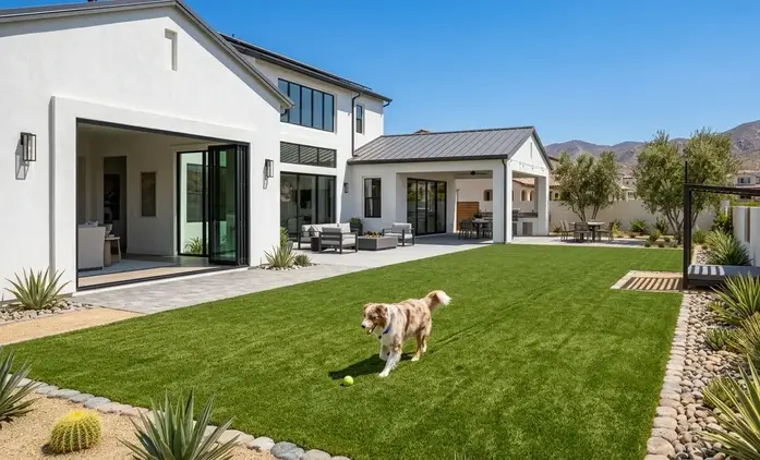 Luxury backyard transformed with clean pet friendly premium artificial turf system