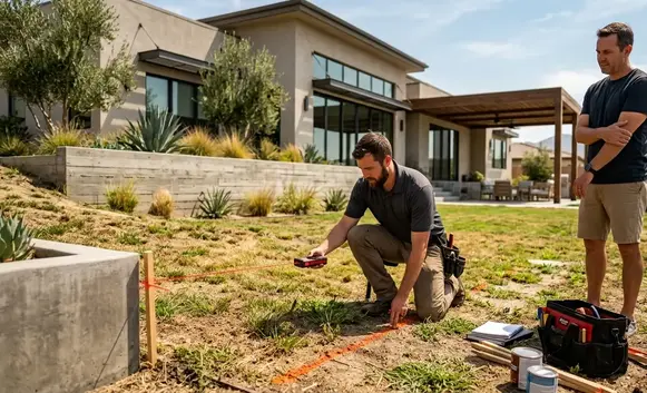 Contractor measuring yard and evaluating drainage during pet turf consultation