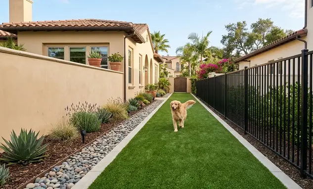 Premium artificial turf dog run installed beside a luxury home