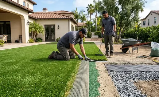 Cross section view of a professional pet turf installation with engineered drainage layers