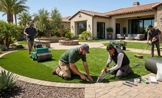 Professional installation crew working on a residential pet turf system with focus on drainage and durability