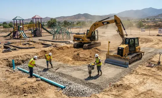 Professional playground turf base preparation with aggregate foundation, grading, and drainage construction