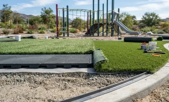 Professionally engineered artificial playground turf system showing shock pad installation, safety surfacing layers, and commercial playground construction details