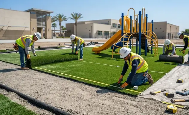 Professional crew installing playground turf system with base preparation and precision grading in Inland Empire school project