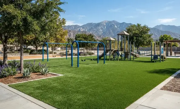 High-quality artificial playground turf remaining vibrant after years of heavy use