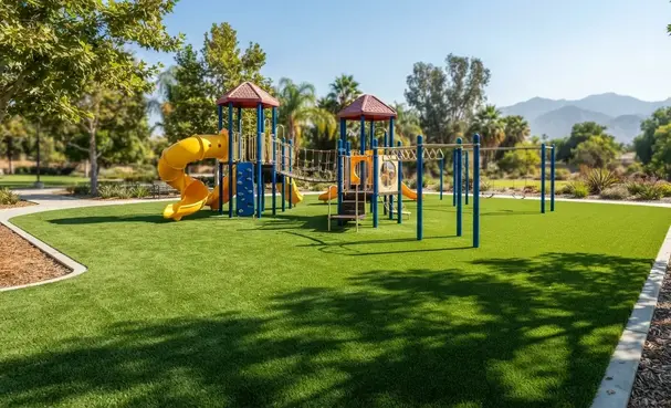 Modern playground featuring cushioned artificial turf with children playing on a clean and safe surface