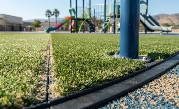 Close-up view of professionally installed playground turf showing seamless seams, safe edges, and impact absorbing surface