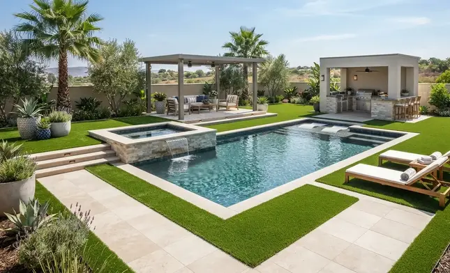 Luxury pool area with artificial turf integrated into pavers, pool deck, and outdoor entertainment space
