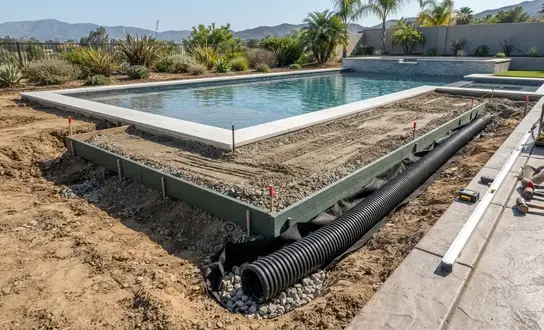 Professional drainage and aggregate base preparation before installing artificial turf around a swimming pool