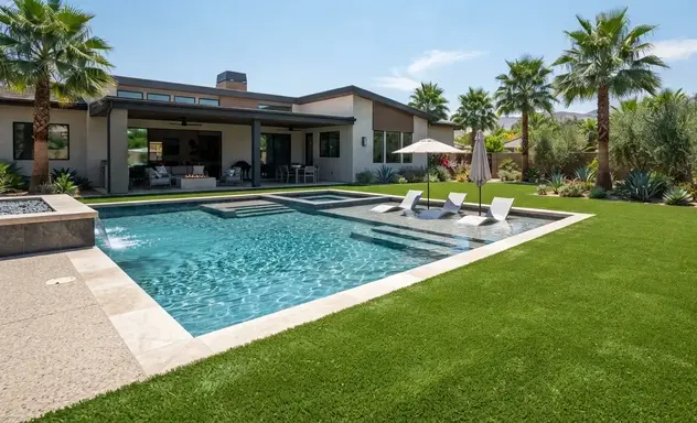 Artificial turf performing reliably in extreme Inland Empire summer heat with stable fibers, cooling infill, and a modern poolside setting