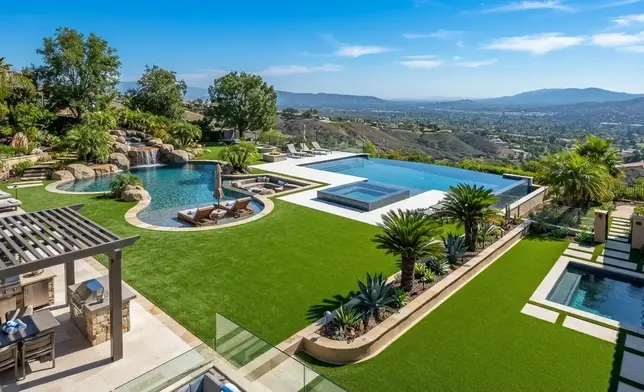 Luxury artificial turf seamlessly integrated around freeform pools, geometric pools, infinity pools, spas, Baja shelves, and custom residential swimming pools in the Inland Empire