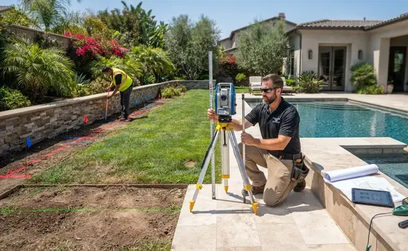 Professional contractor inspecting hidden site conditions in an Inland Empire backyard including irrigation leaks, expansive clay soil, underground utilities, tree roots, drainage issues, and poolside turf preparation