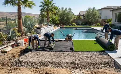 Professional crew installing engineered poolside artificial turf system in a modern Inland Empire backyard with excavation, base preparation, and turf placement visible in one unified scene