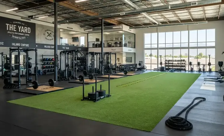 Premium commercial gym with professionally installed artificial gym turf creating a modern training environment in the Inland Empire
