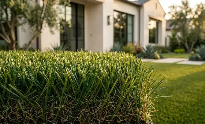 Close-up view of premium artificial pet turf showing dense fibers and realistic texture in a luxury backyard