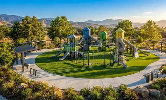 Professionally installed commercial playground featuring premium artificial turf, engineered safety surfacing, and modern play equipment in the Inland Empire