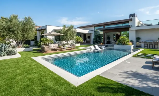 Premium artificial turf designed for pool areas featuring dense realistic fibers, cooling infill, and luxurious barefoot comfort beside a modern swimming pool