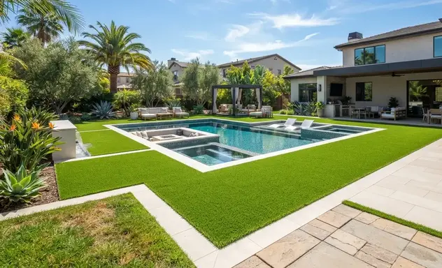 Luxury artificial turf installed around a custom swimming pool with decorative concrete and modern landscaping