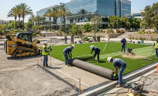 Professional crew installing commercial artificial turf with precision grading and engineered base construction